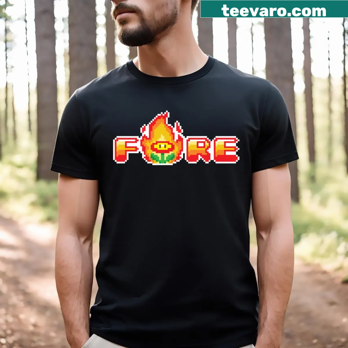 Cartoonish 8-bit fire plant graphic on a casual t-shirt — on a men's t-shirt
