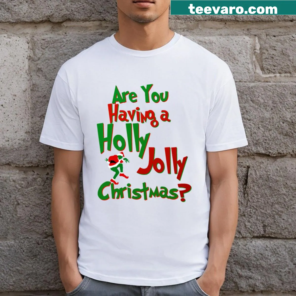 T-shirt celebrating Grinchmas with playful holiday graphics — on a men's t-shirt