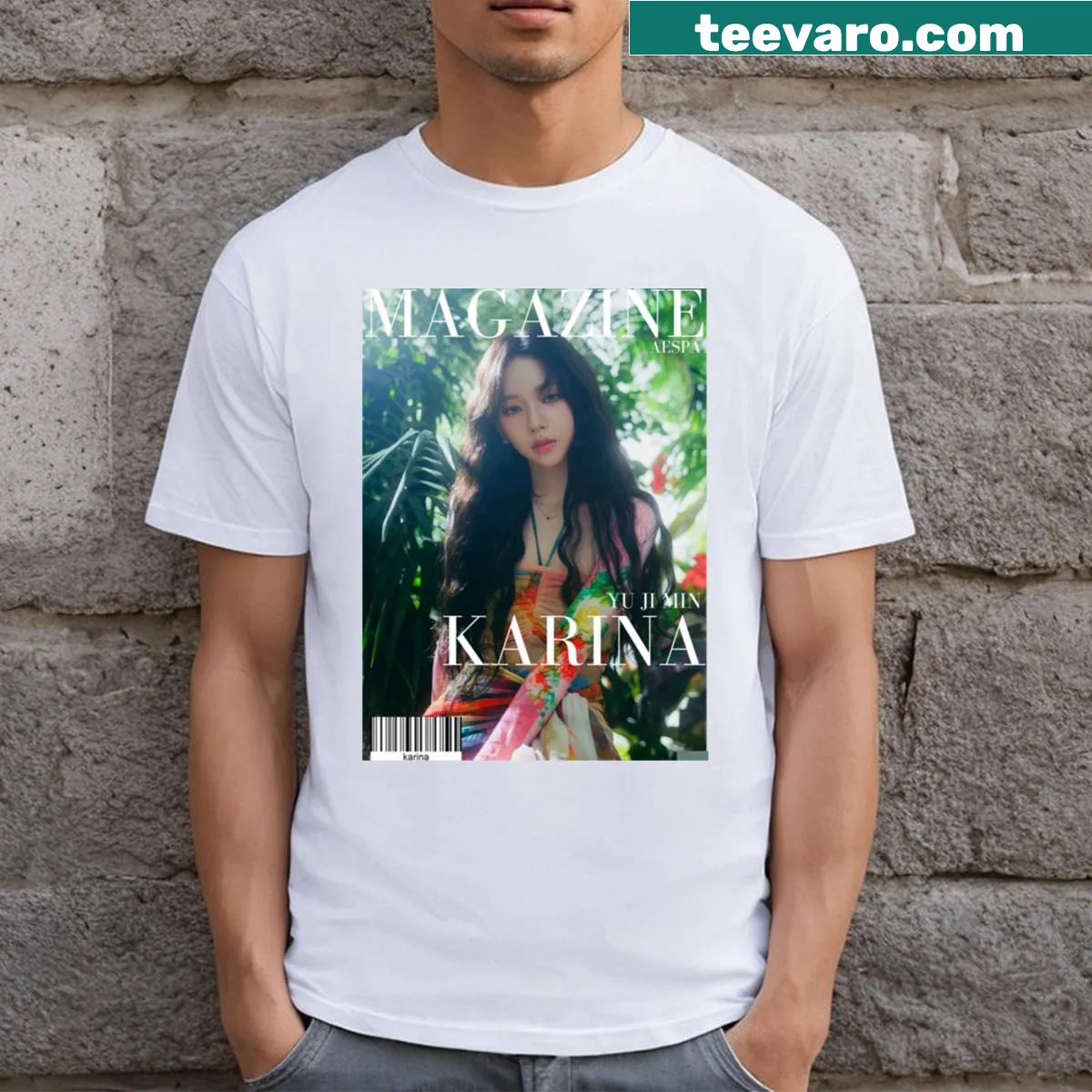 Aespa Karina magazine cover-inspired T-shirt featuring artistic design — on a men's t-shirt