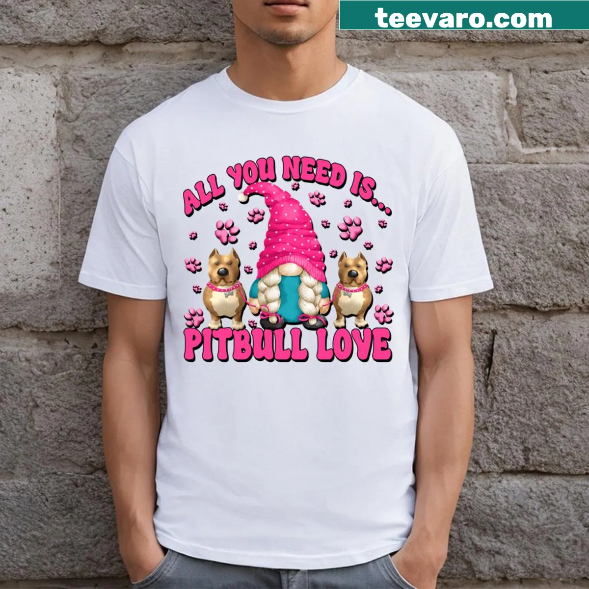 T-shirt featuring a gnome and the phrase 'All You Need Is Pitbull Love' — on a men's t-shirt