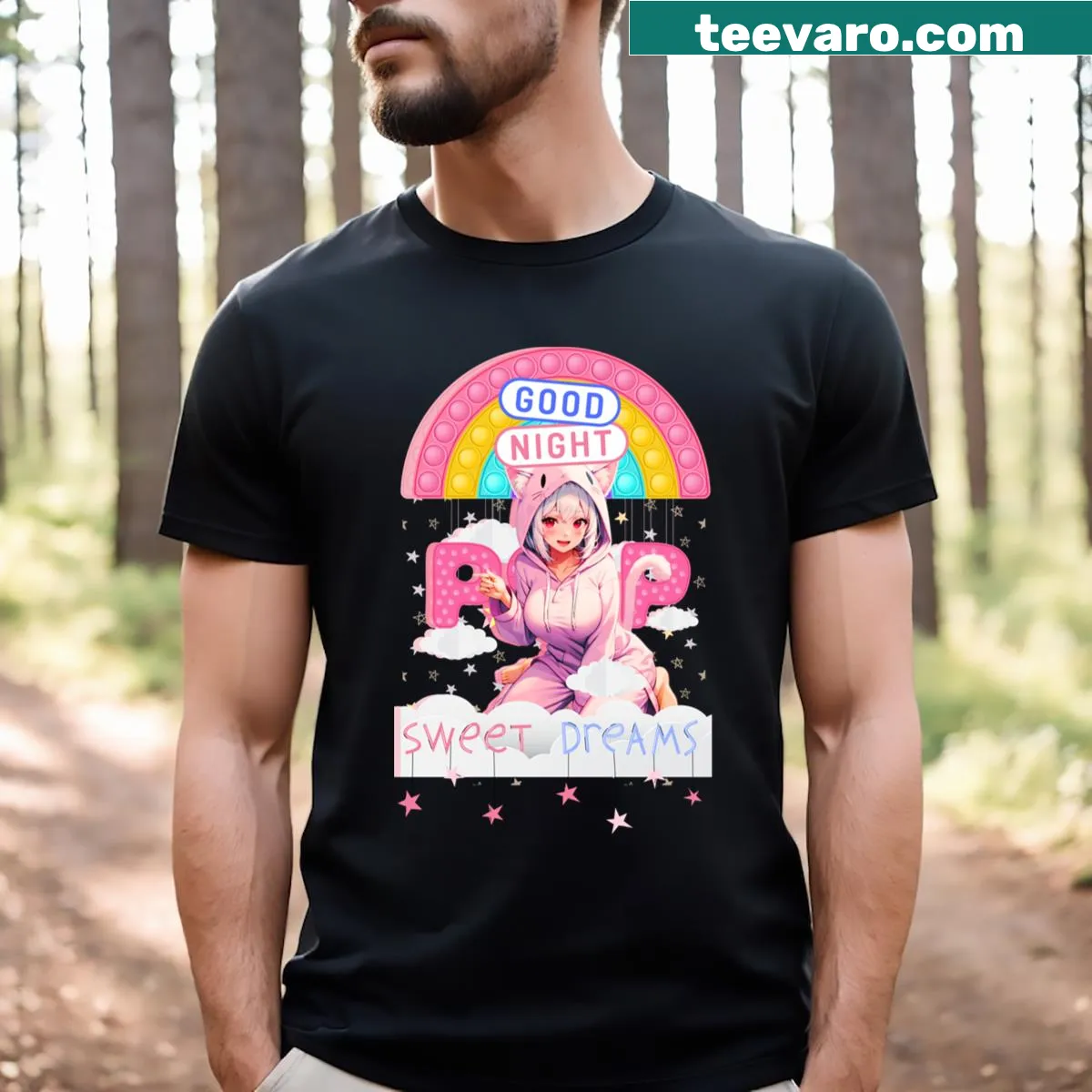Kawaii cute anime cat ear t-shirt with a playful design — on a men's t-shirt