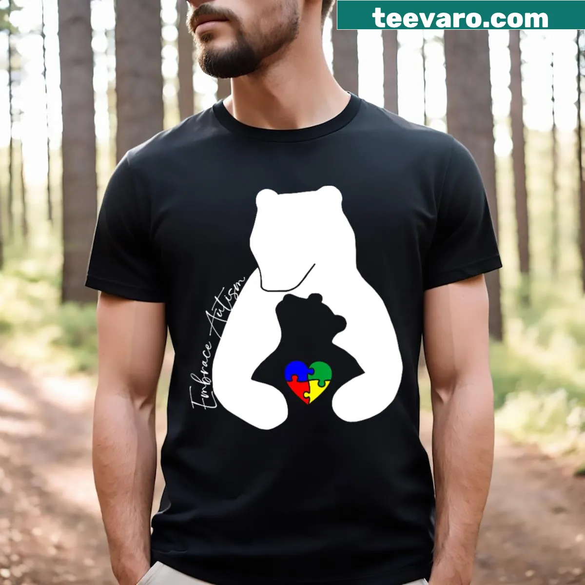 V-neck T-shirt with a heart puzzle design representing autism awareness — on a men's t-shirt