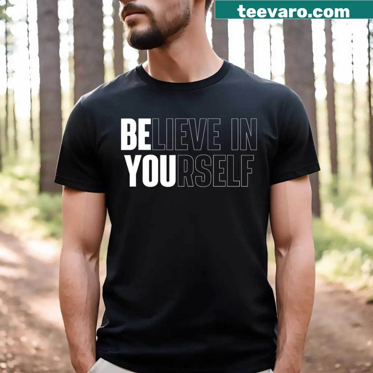 Motivational quote 'Believe In Yourself' on t-shirt — on a men's t-shirt