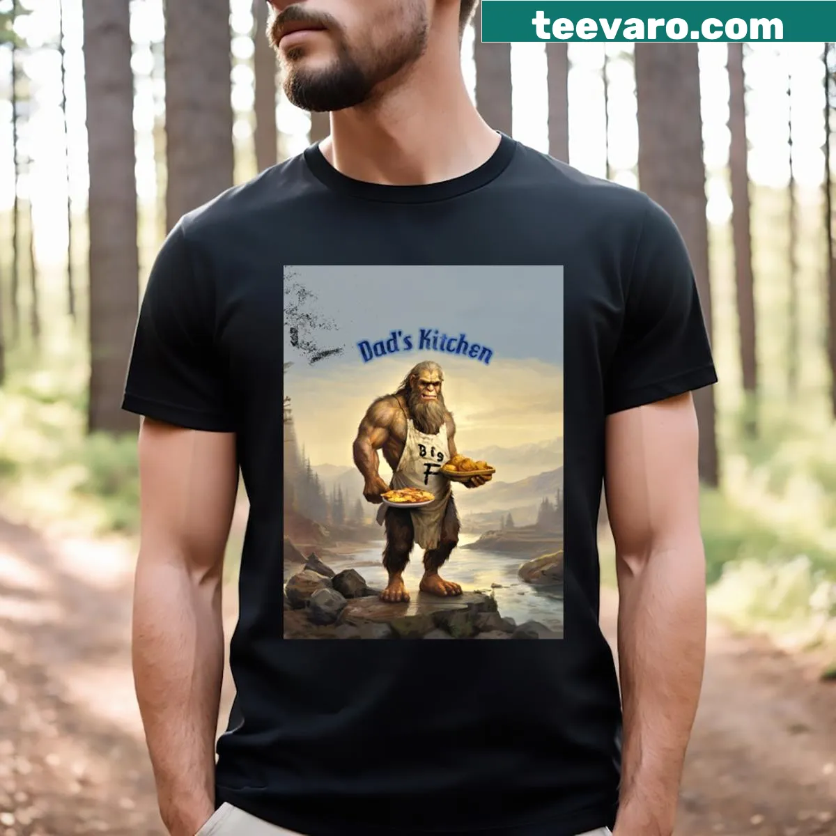 Bigfoot chef illustration on a T-shirt with cooking utensils — on a men's t-shirt