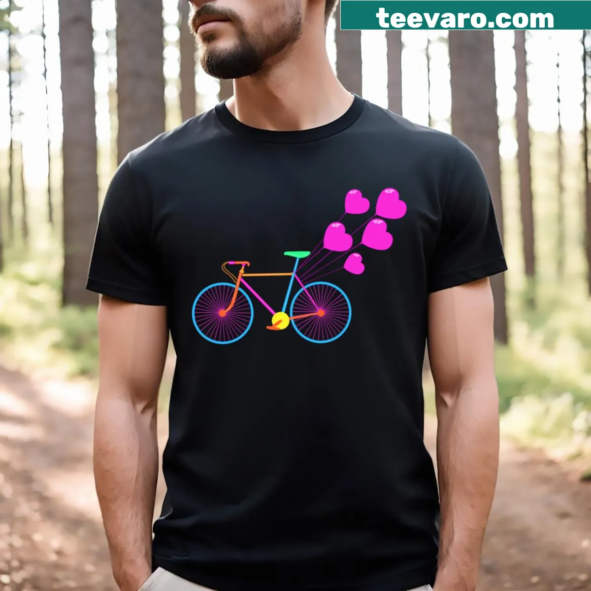 Whimsical bicycle surrounded by hearts on a T-shirt — on a men's t-shirt