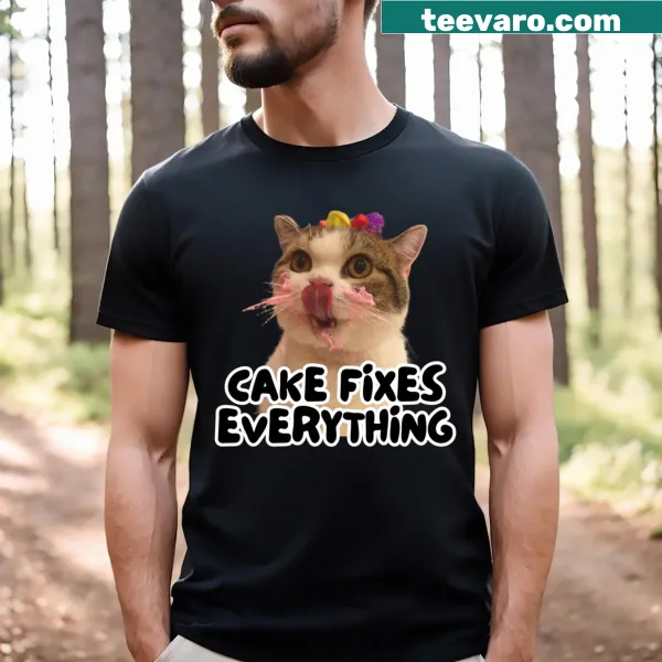 Playful t-shirt with the phrase 'Cake Fixes Everything' in fun typography