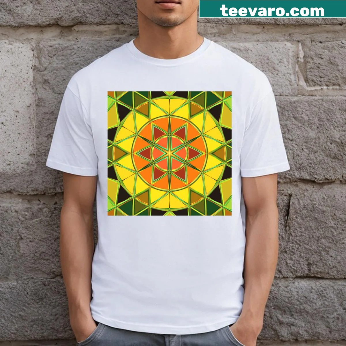 Cartoon mandala graphic on a t-shirt — on a men's t-shirt