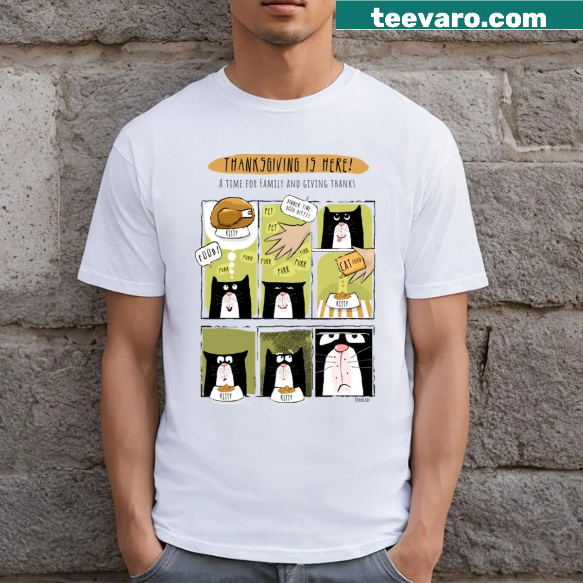 Funny Cat Thanksgiving graphic T-shirt — on a men's t-shirt