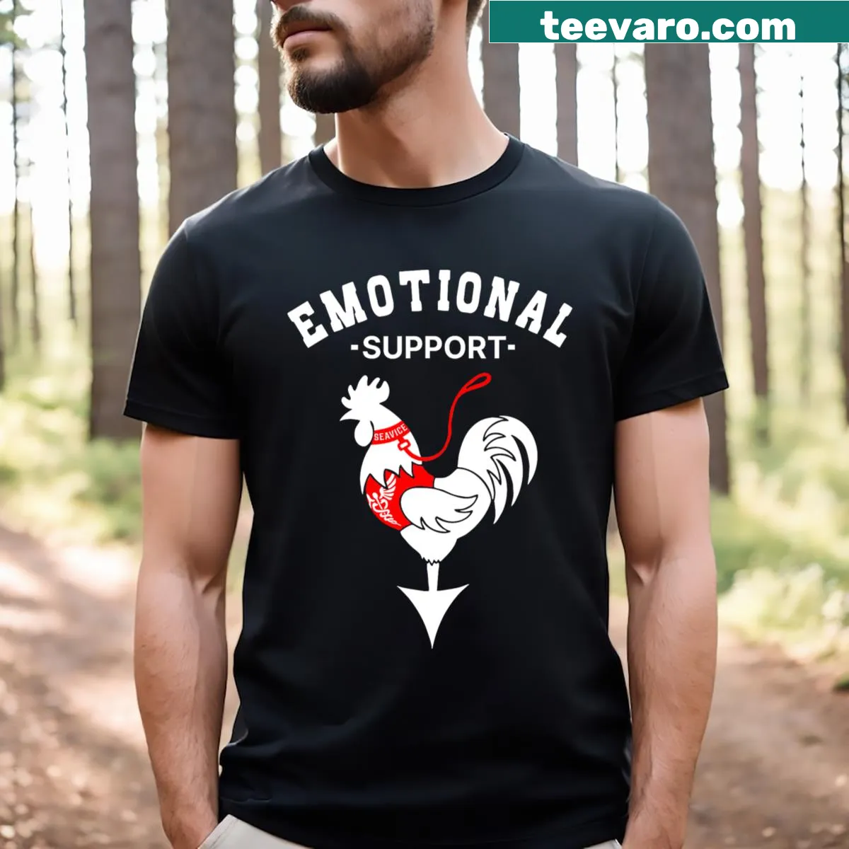 Funny chicken emotional support t-shirt with quirky saying — on a men's t-shirt