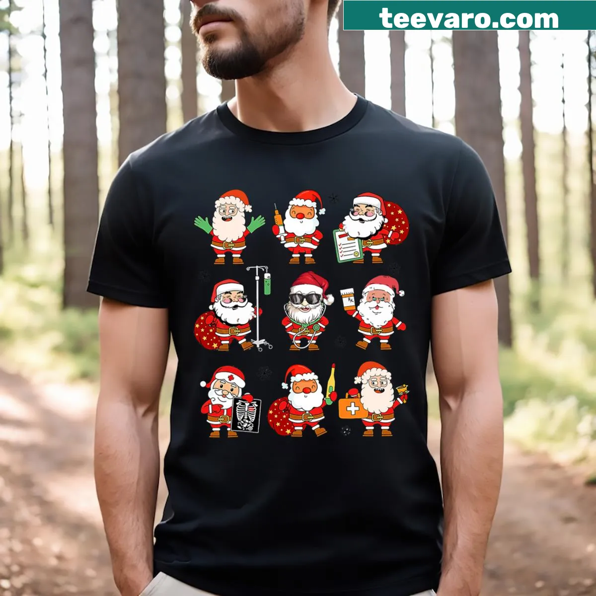 Christmas-themed T-shirt with Nurse Santa Claus graphic — on a men's t-shirt