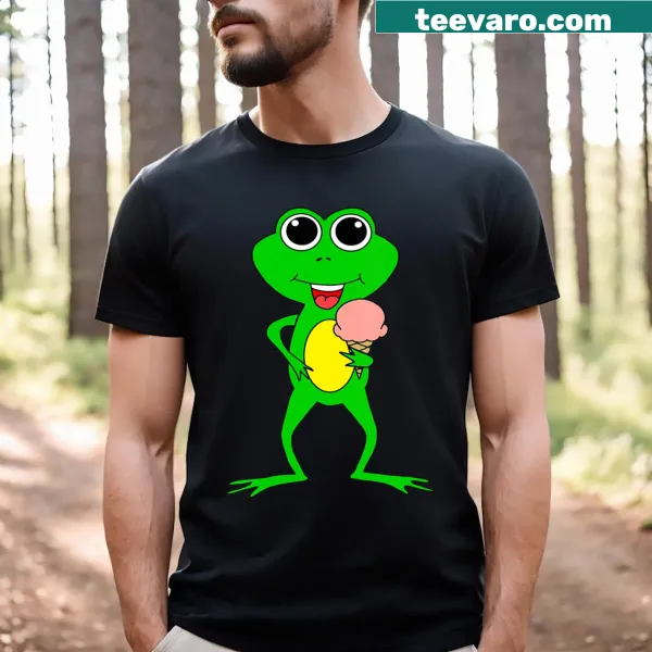 Cartoon frog enjoying ice cream on a fun v-neck t-shirt
