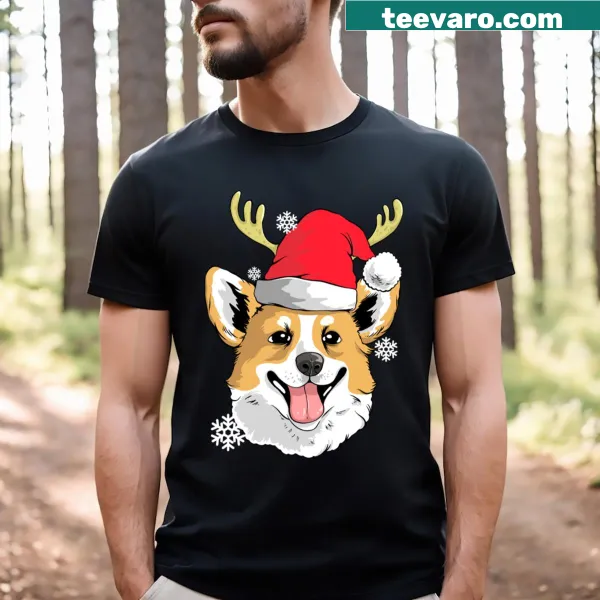 Cute Corgi dressed as Santa graphic t-shirt for Christmas.