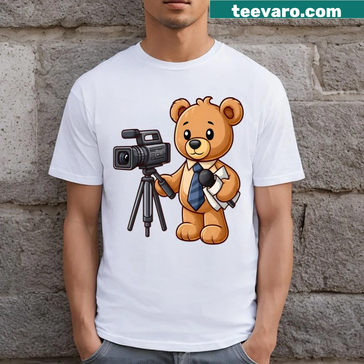 Kawaii t-shirt featuring a cute journalist bear design for kids. — on a men's t-shirt