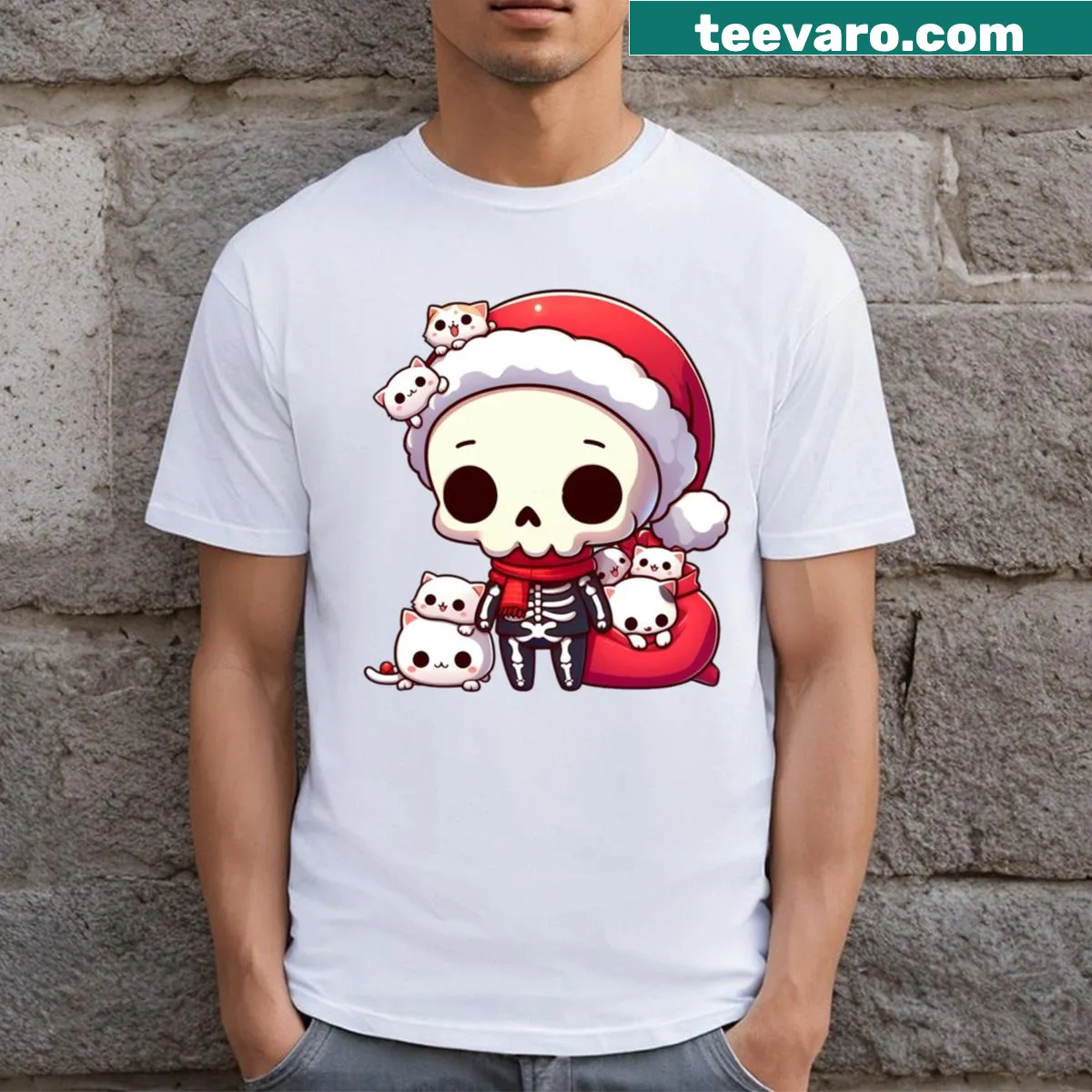 Playful skeleton graphic T-shirt with kitties in a bag — on a men's t-shirt
