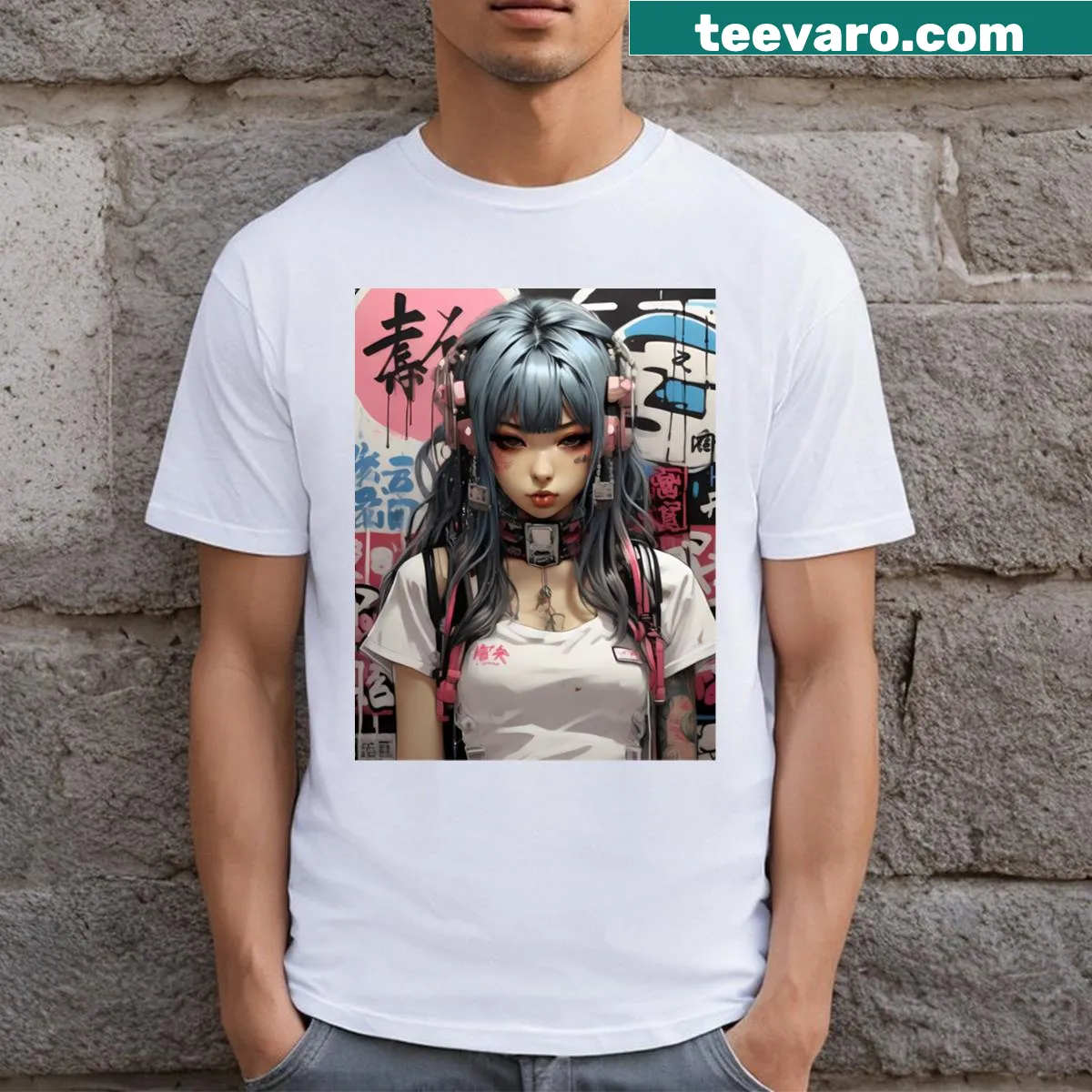 Cyberpunk mecha manga retro graphic t-shirt — on a men's t-shirt