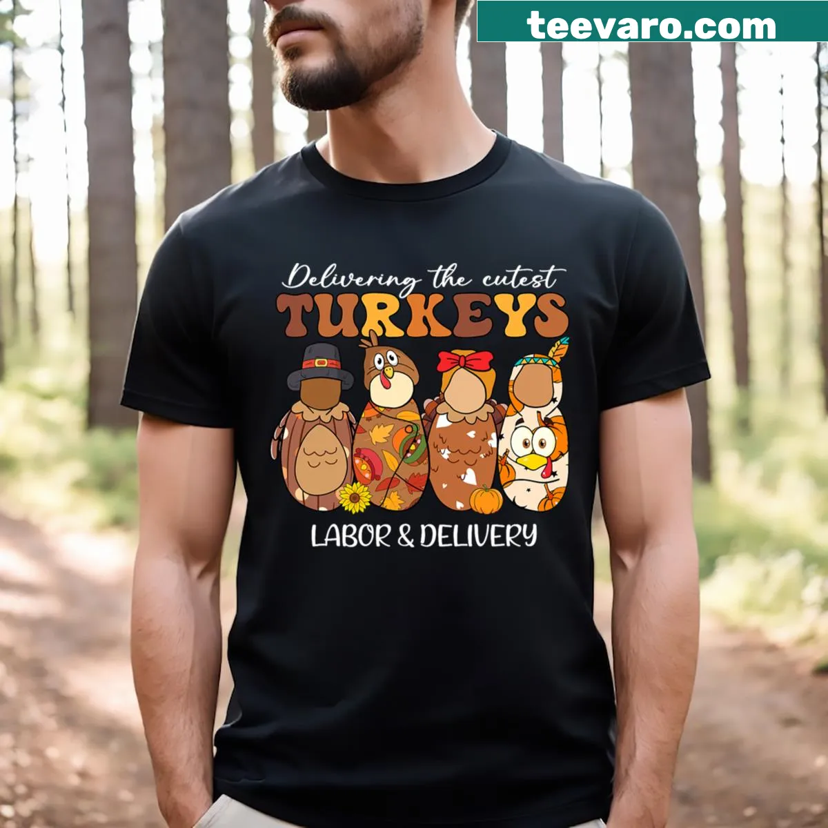 Cute Thanksgiving T-shirt with turkeys — on a men's t-shirt