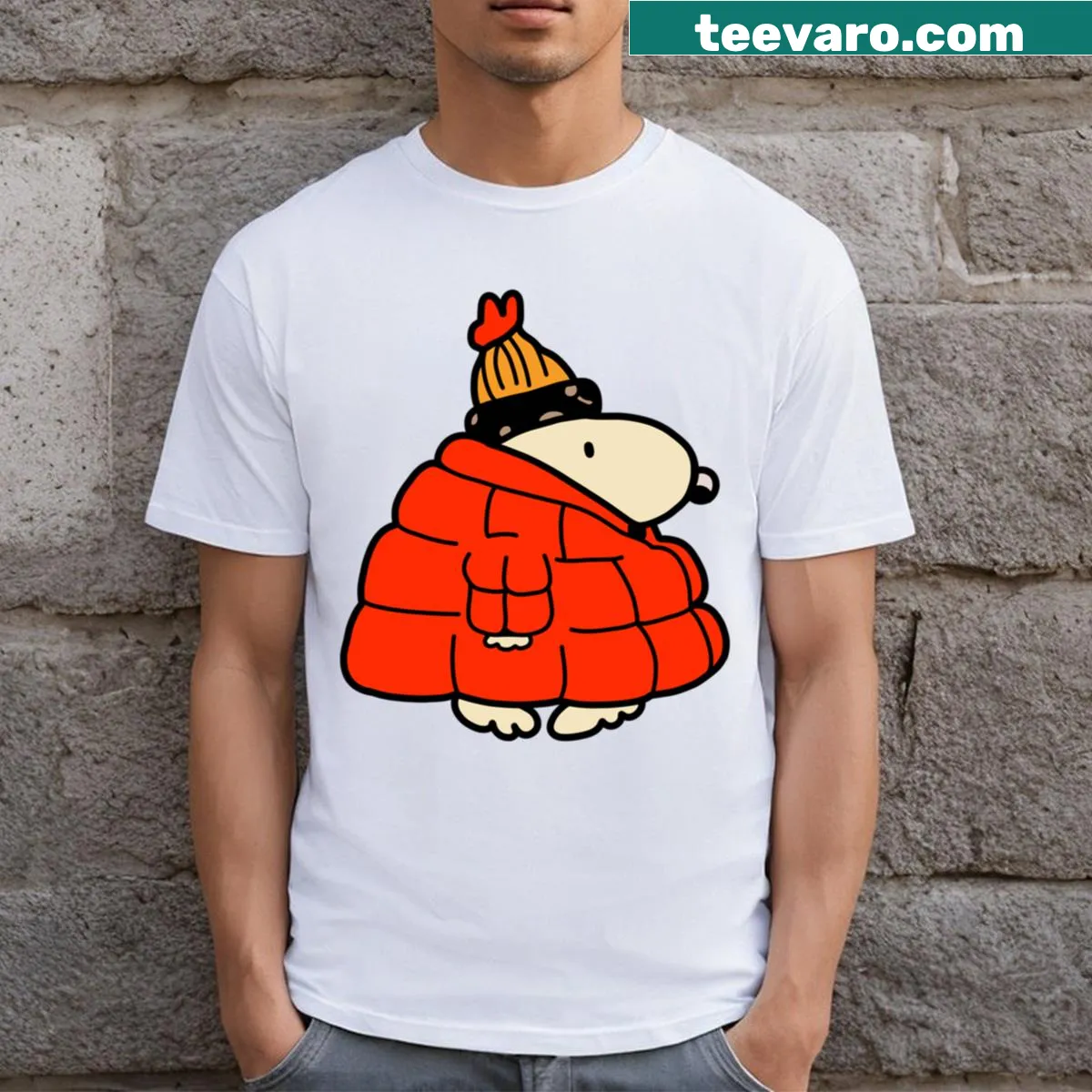T-shirt featuring a dog in a parka — on a men's t-shirt