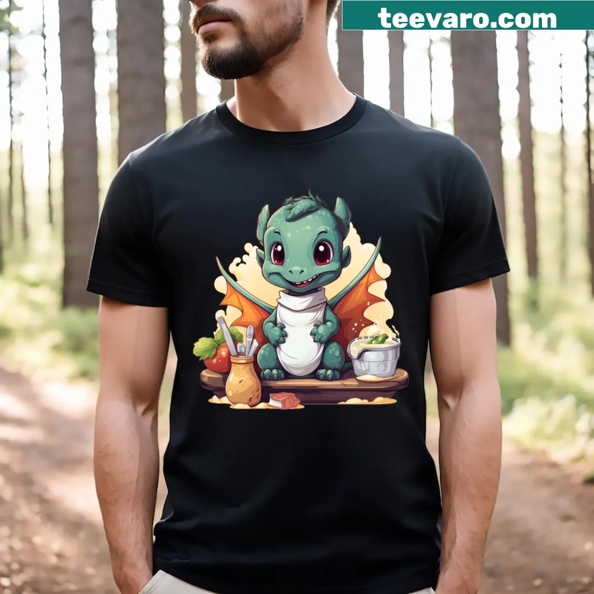 Cute dragon chef illustration for kids with a dinosaur theme — on a men's t-shirt