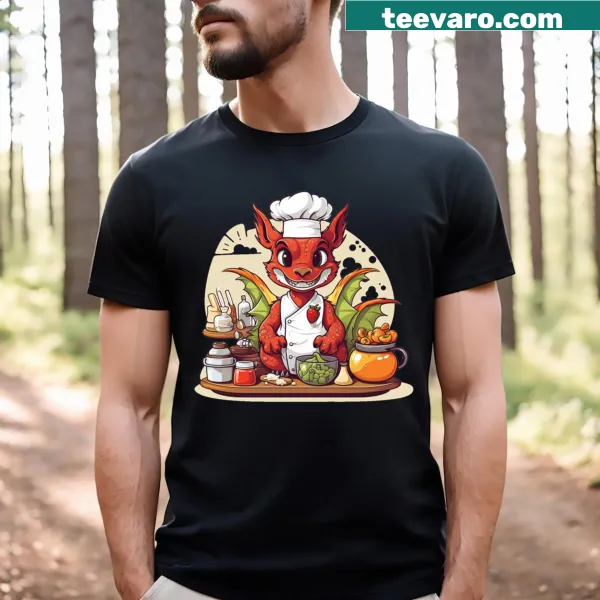 Cute chef dragon T-shirt for kids featuring a dinosaur theme