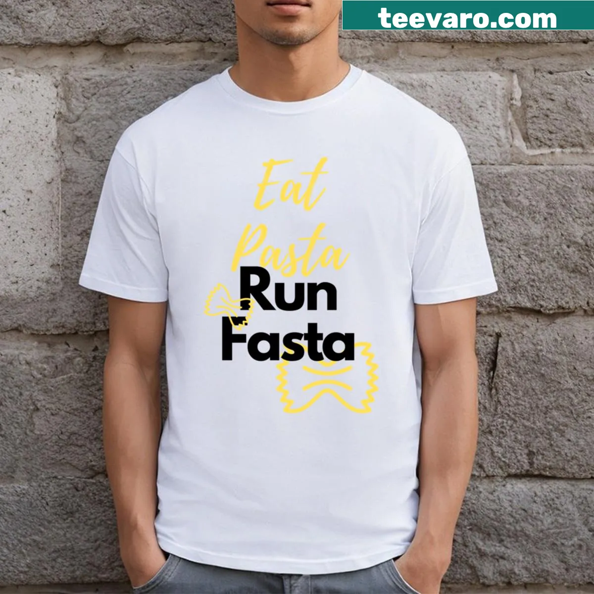 Humorous Eat Pasta Run Fasta quote t-shirt — on a men's t-shirt