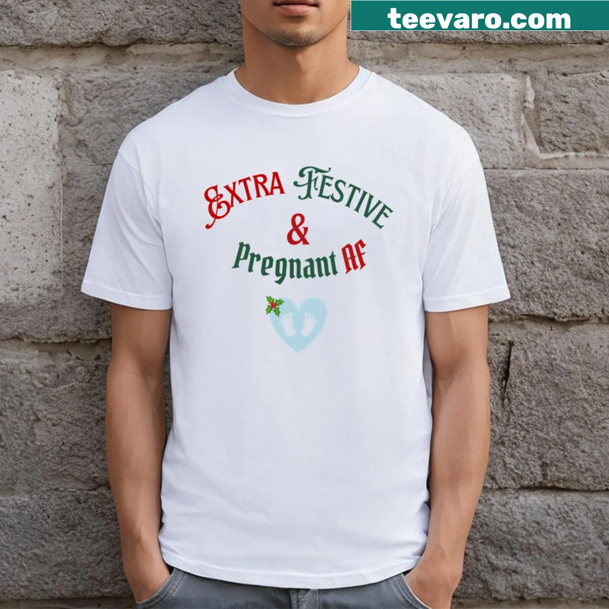 Festive pregnant T-shirt with heart design for expecting moms — on a men's t-shirt