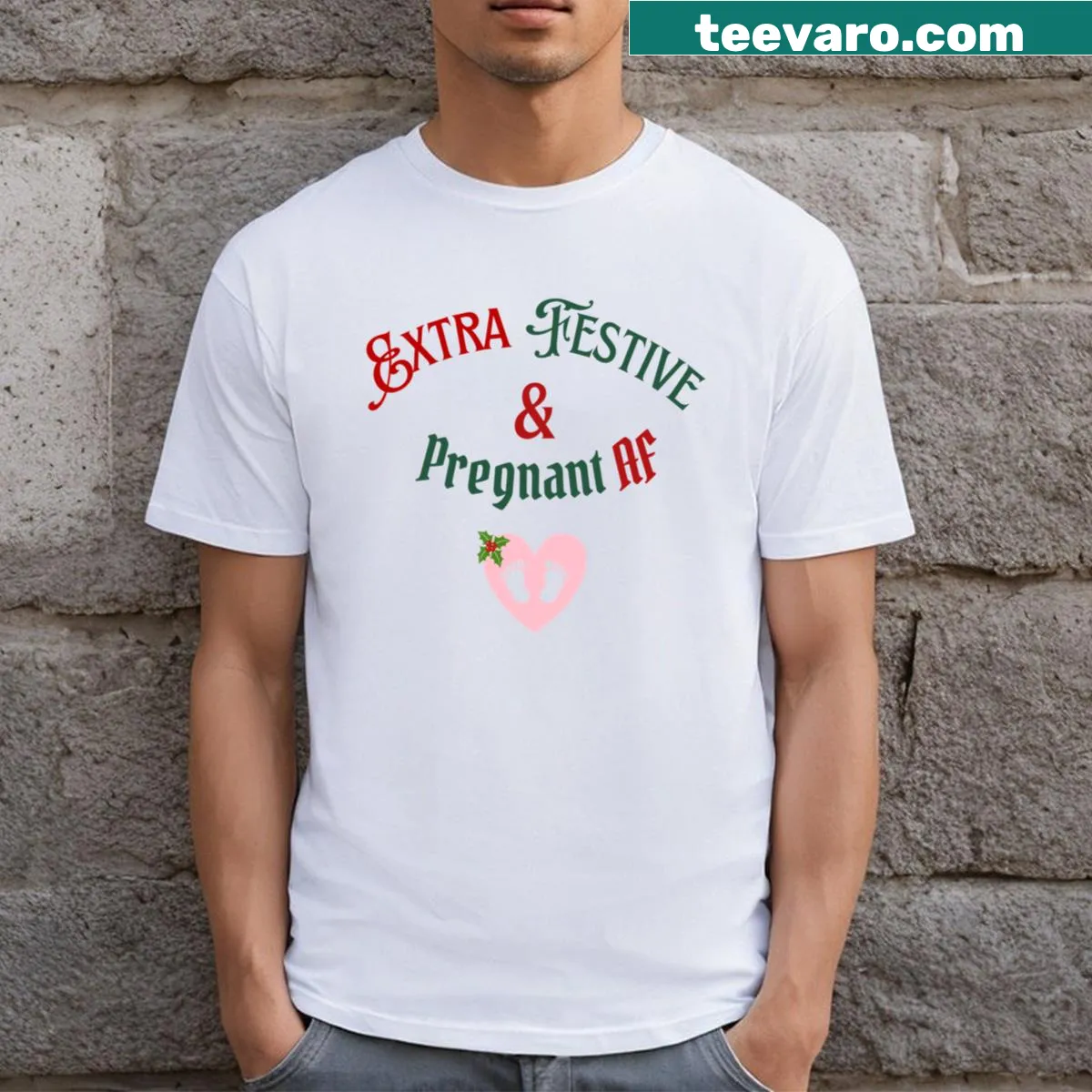 Festive maternity t-shirt with 'Pregnant AF' and pink heart — on a men's t-shirt