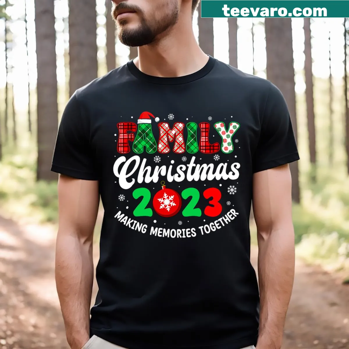 Funny Christmas t-shirt featuring matching Santa and elf graphics — on a men's t-shirt