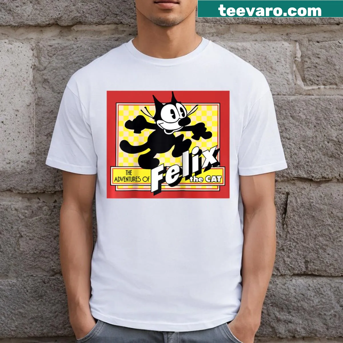 Vintage illustration of Felix the Cat on a baseball tee — on a men's t-shirt