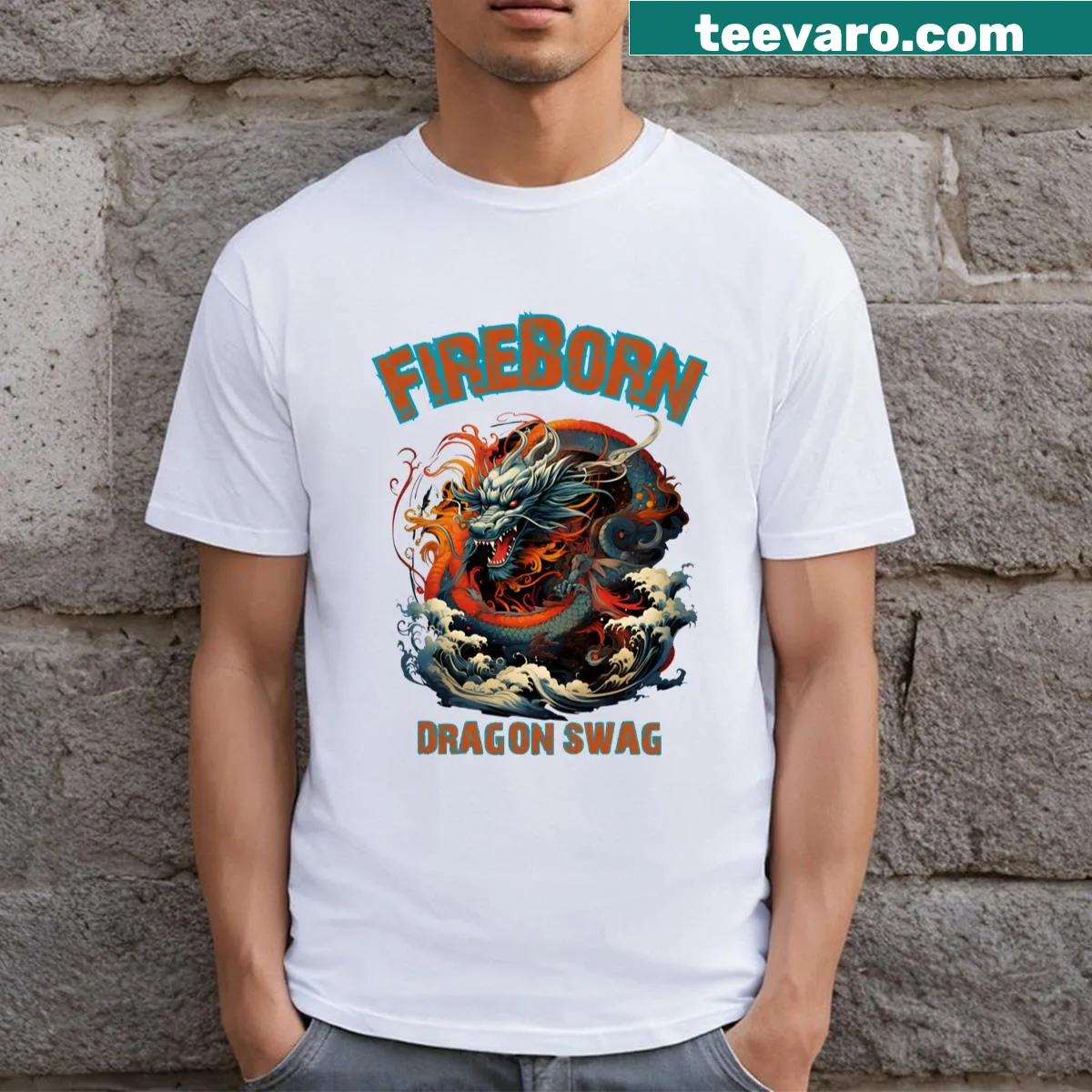 Cartoon dragon graphic on Fire Born T-shirt — on a men's t-shirt