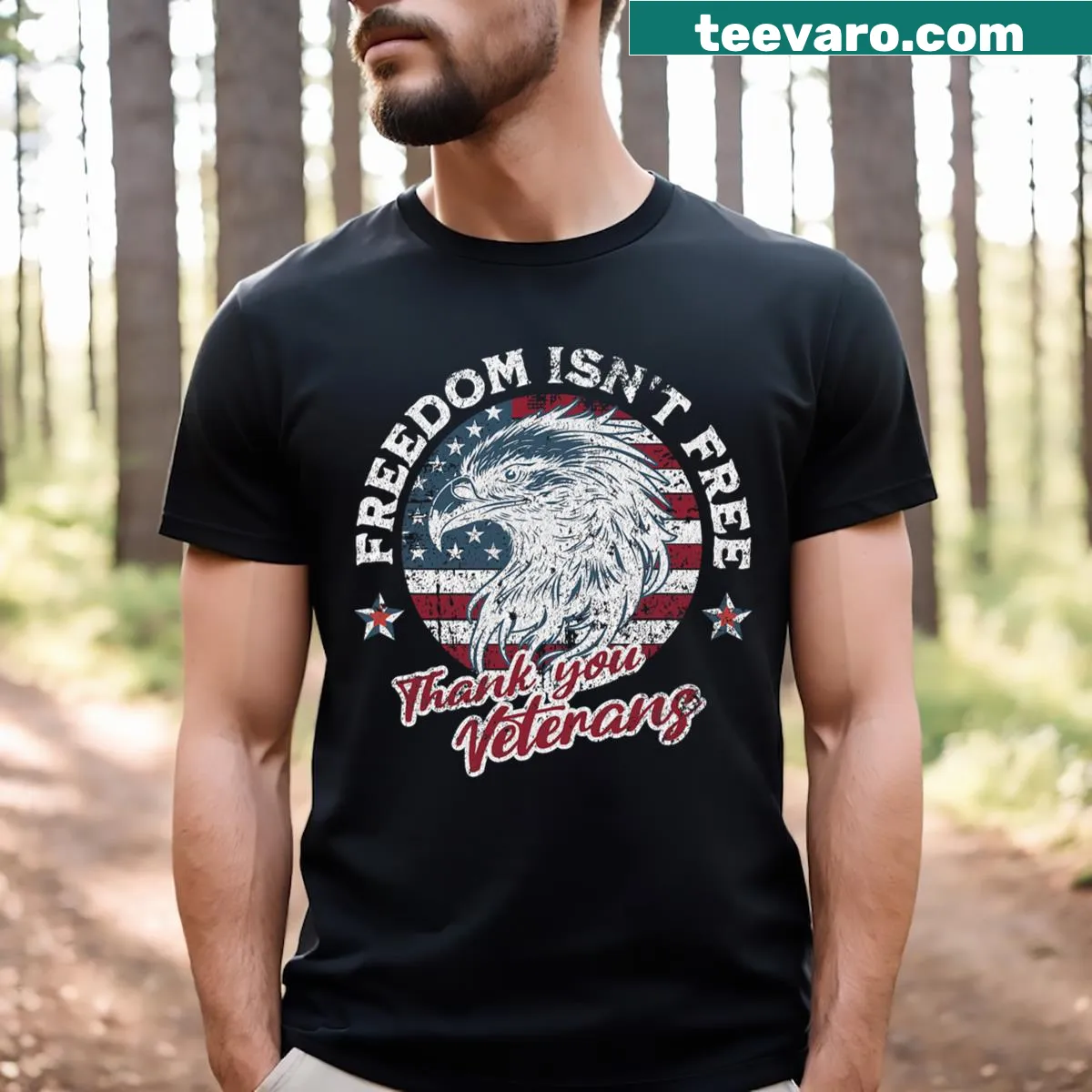 Patriotic Veterans Day t-shirt with 'Freedom Isn't Free' text — on a men's t-shirt