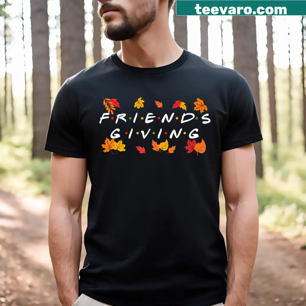 Thanksgiving-themed t-shirt celebrating Friendsgiving with text — on a men's t-shirt