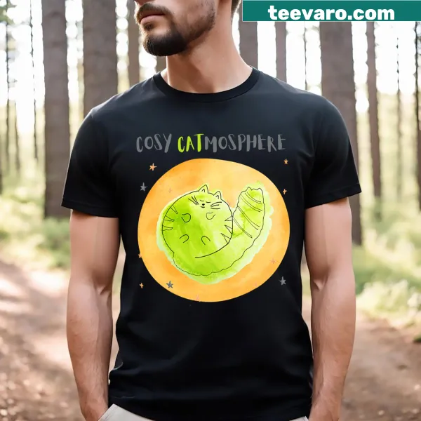 Cat-themed t-shirt with 'Cosy Catmosphere' text and design