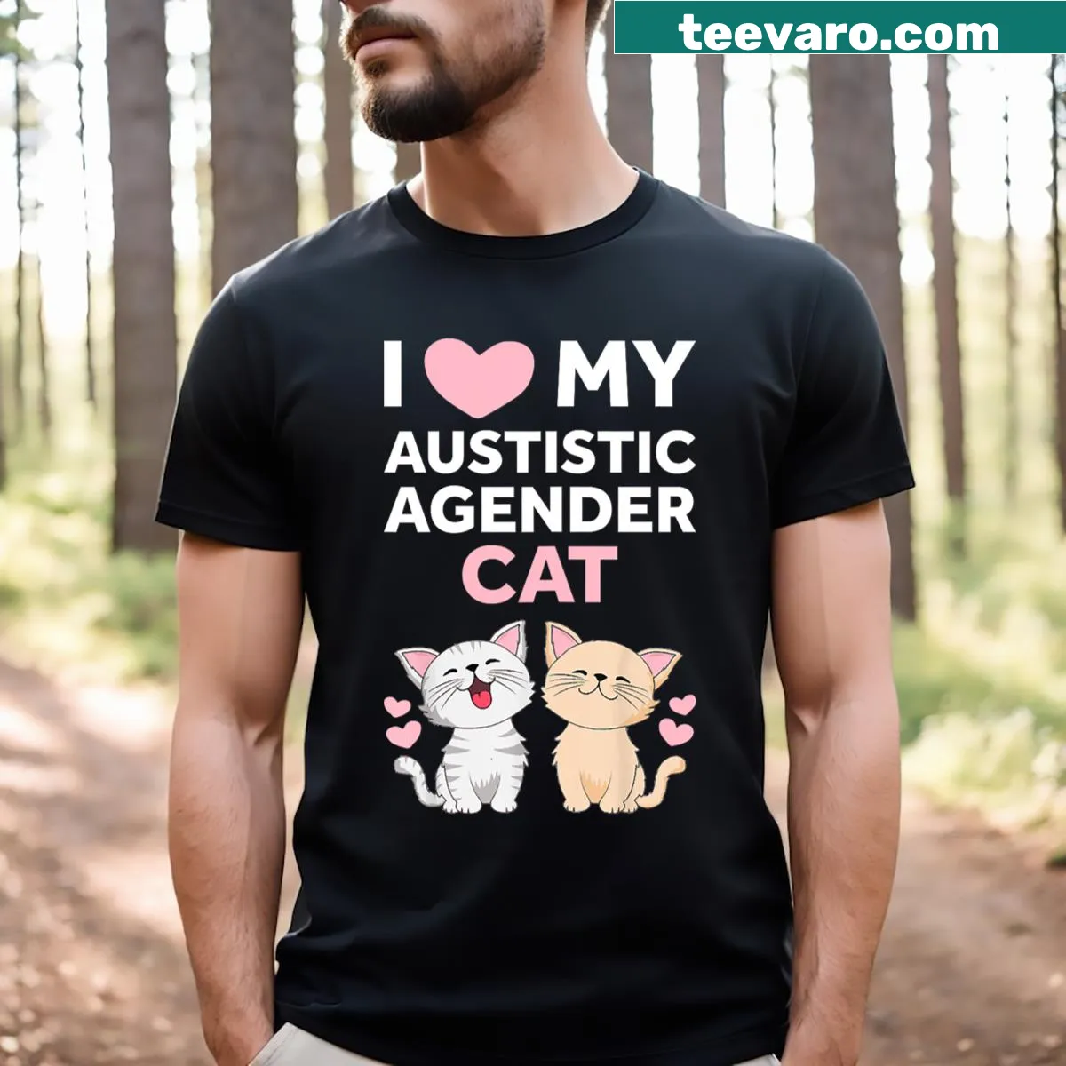 T-shirt featuring humorous quote about a beloved autistic agender cat — on a men's t-shirt