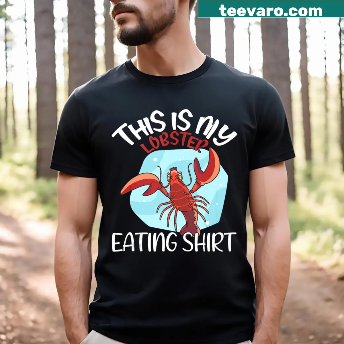 Lobster-themed T-shirt with humorous text about lobster eating — on a men's t-shirt