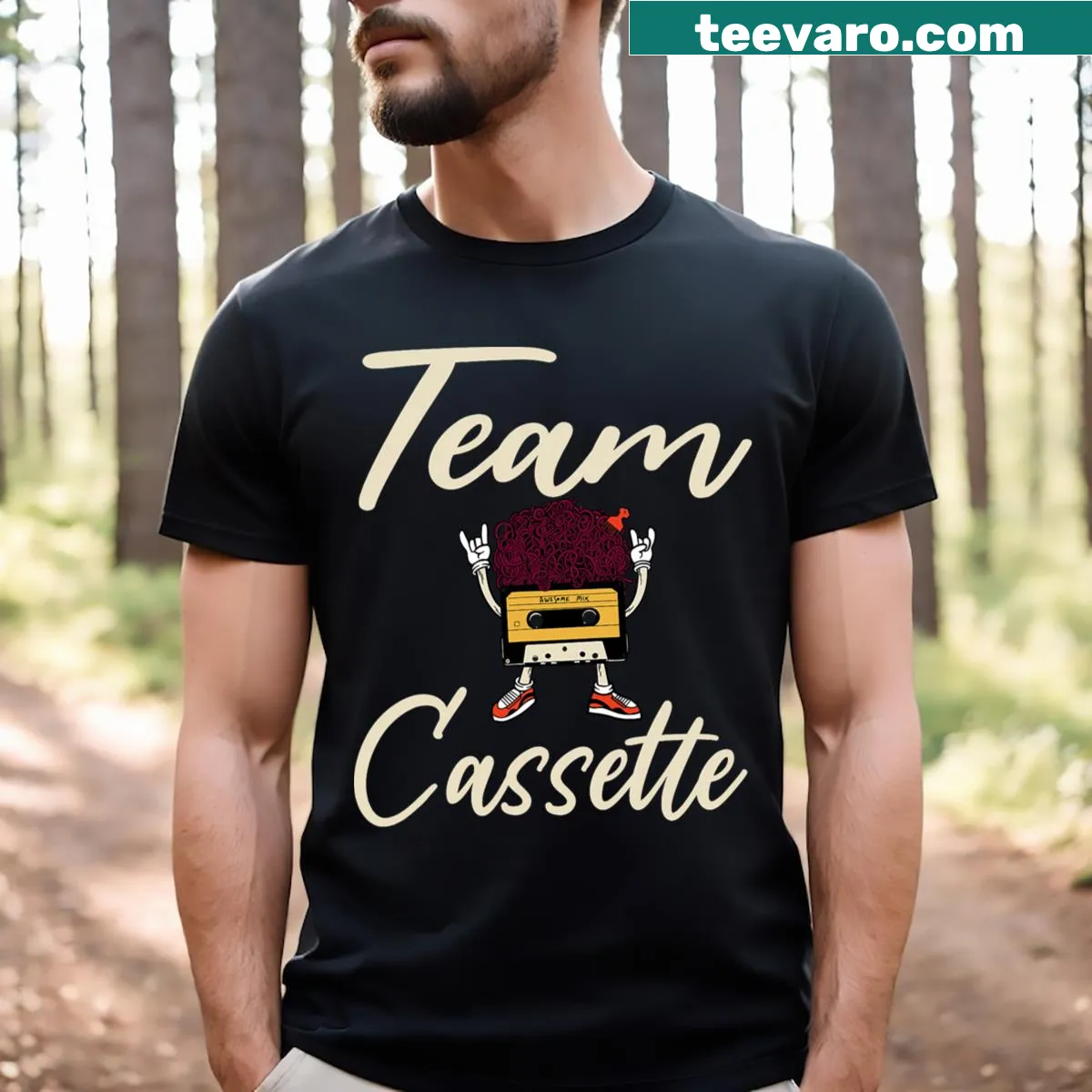 Vintage cassette-themed T-shirt with humorous cartoon art — on a men's t-shirt
