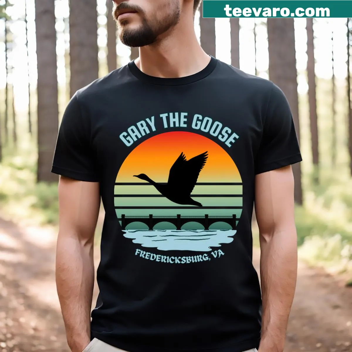 Graphic of Gary the Goose at sunset on a T-shirt — on a men's t-shirt