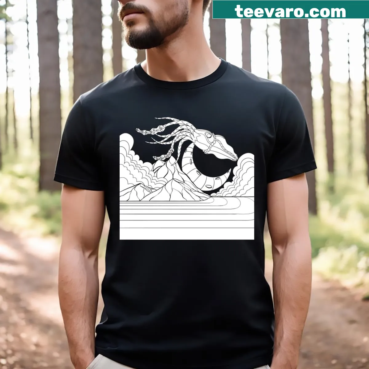 Illustration of a giant squid in the sky on a t-shirt. — on a men's t-shirt