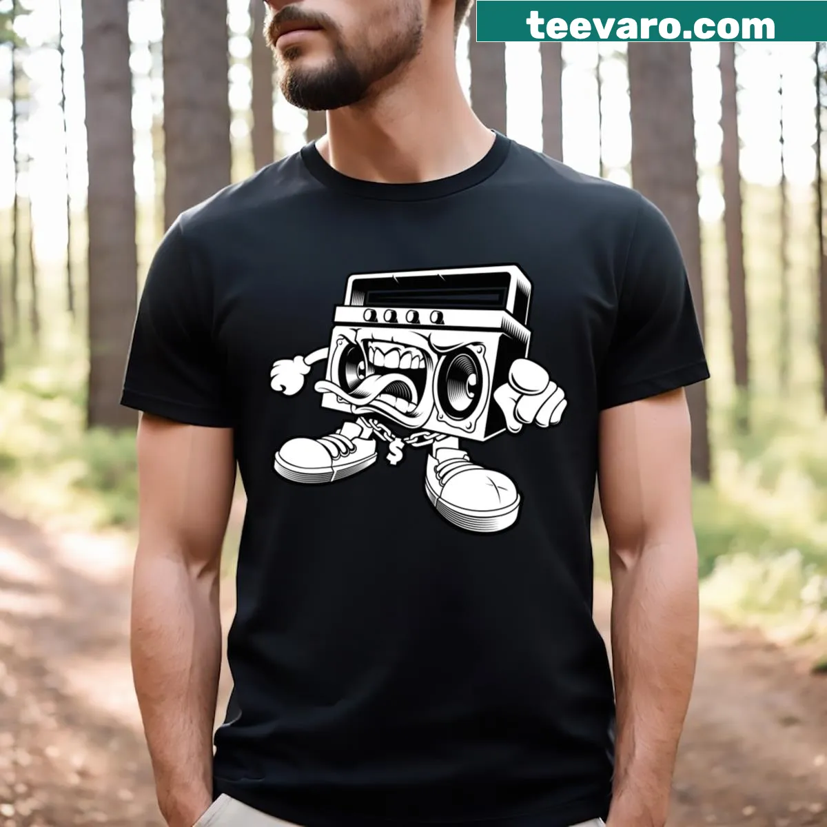 Graffiti-style t-shirt featuring a boombox graphic — on a men's t-shirt