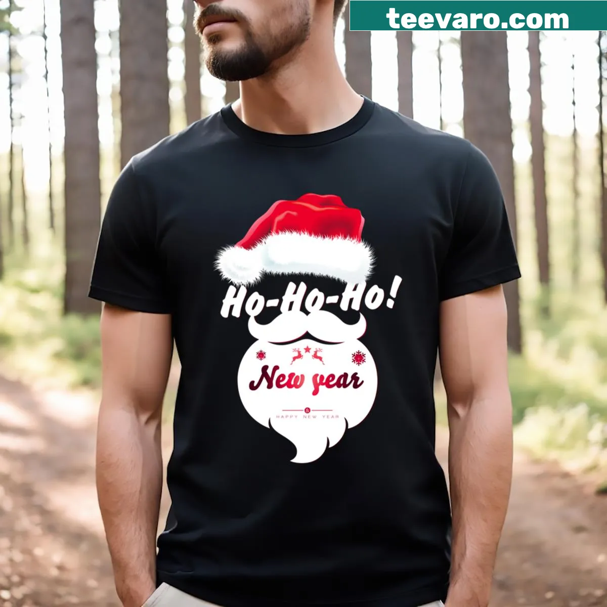 Happy New Year 2024 t-shirt featuring a cheerful festive design — on a men's t-shirt
