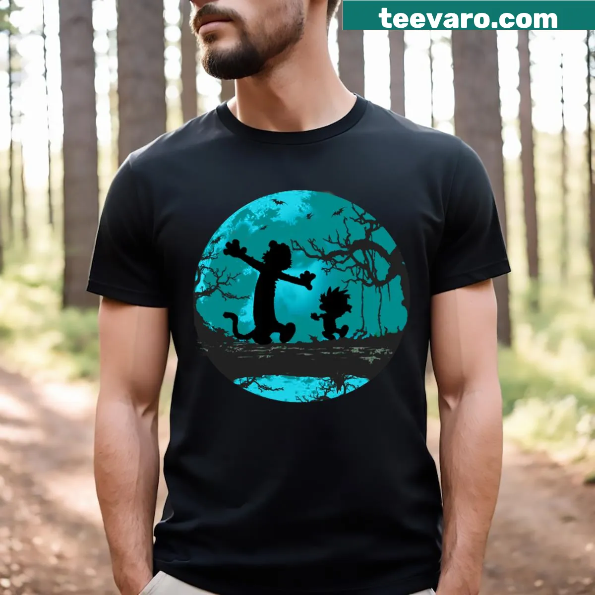 Spooky T-shirt with dark night scene and bats artwork — on a men's t-shirt