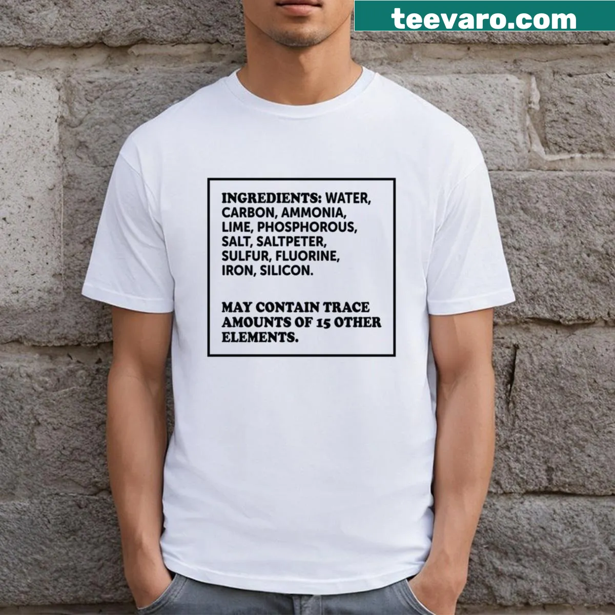 Humorous t-shirt listing the Ingredients Of A Human — on a men's t-shirt