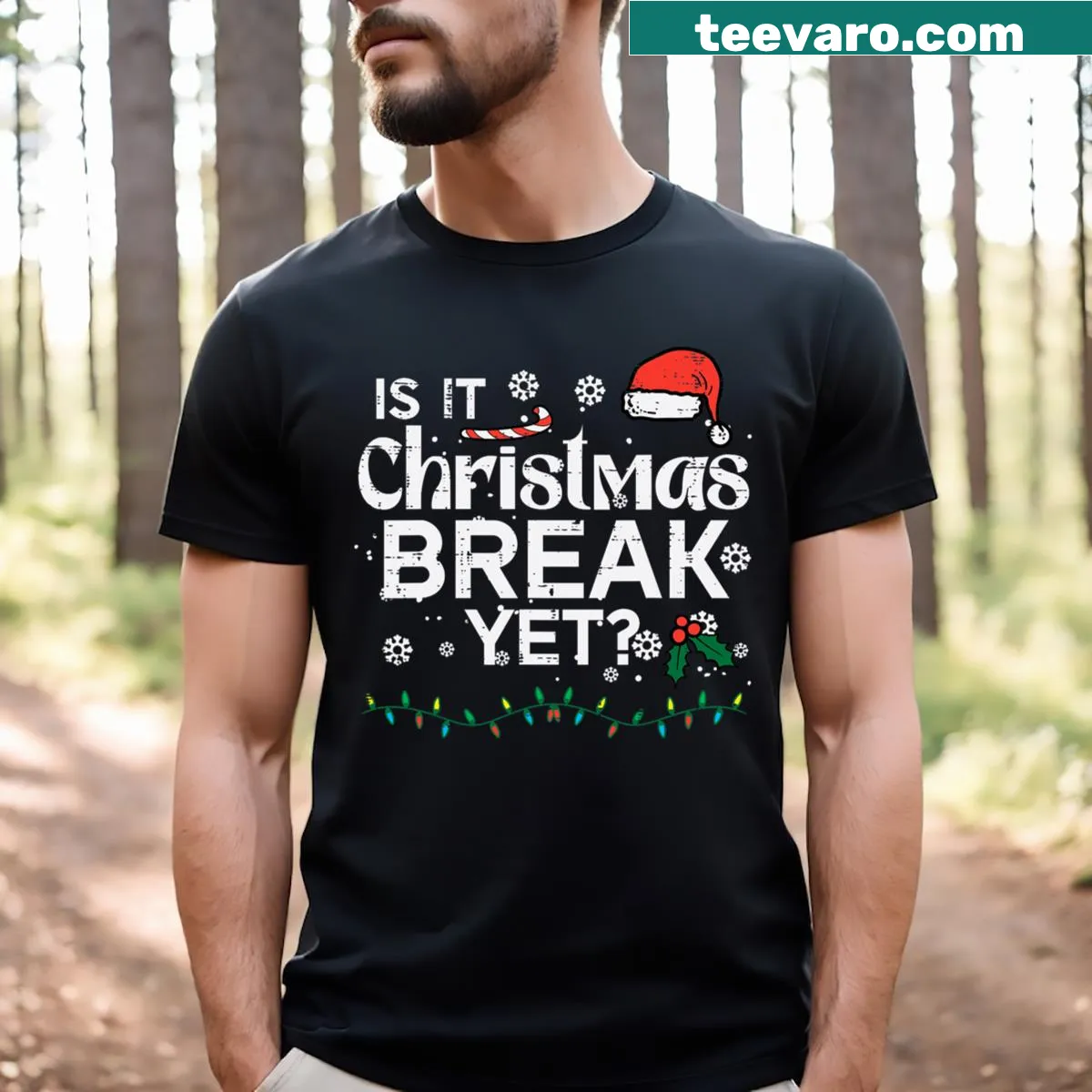 Funny teacher t-shirt asking 'Is It Christmas Break Yet?' — on a men's t-shirt