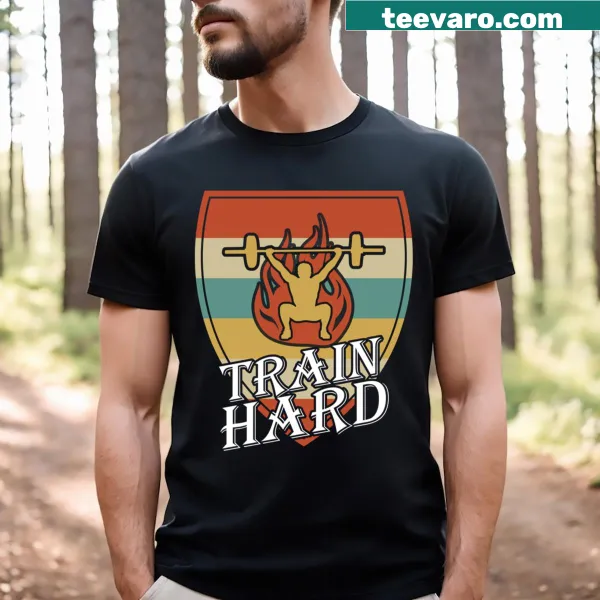 Vintage-style gym t-shirt with motivational 'It's Time To Train Hard!' text