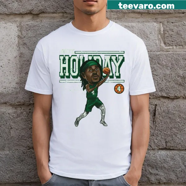 Cartoon t-shirt of Jrue Holiday in a Boston theme