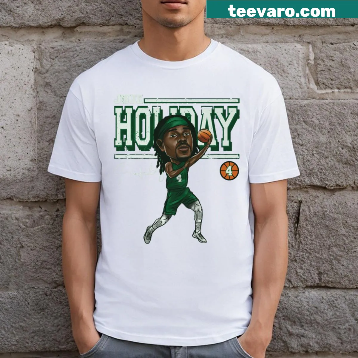 Cartoon t-shirt of Jrue Holiday in a Boston theme — on a men's t-shirt