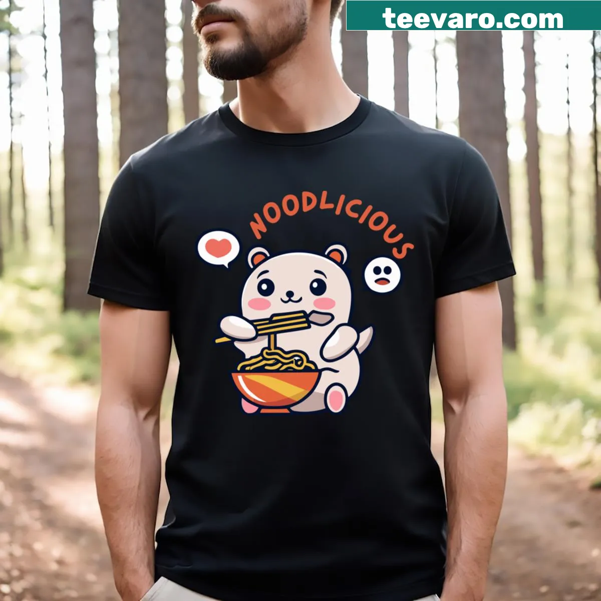 Cute cartoon noodle graphic T-shirt featuring happy noodles and playful elements — on a men's t-shirt