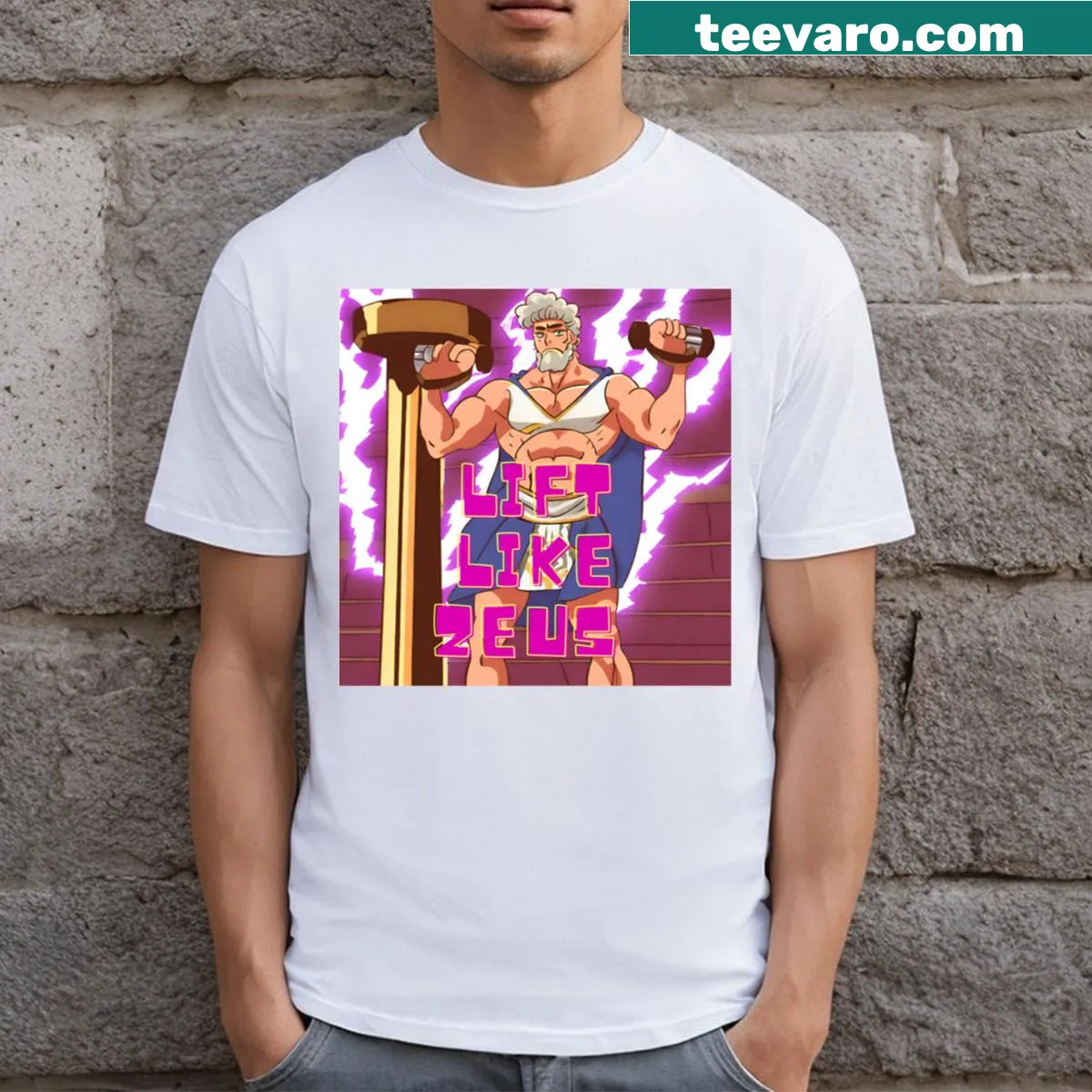 Text T-shirt featuring the phrase 'Lift Like Zeus' for fitness enthusiasts — on a men's t-shirt