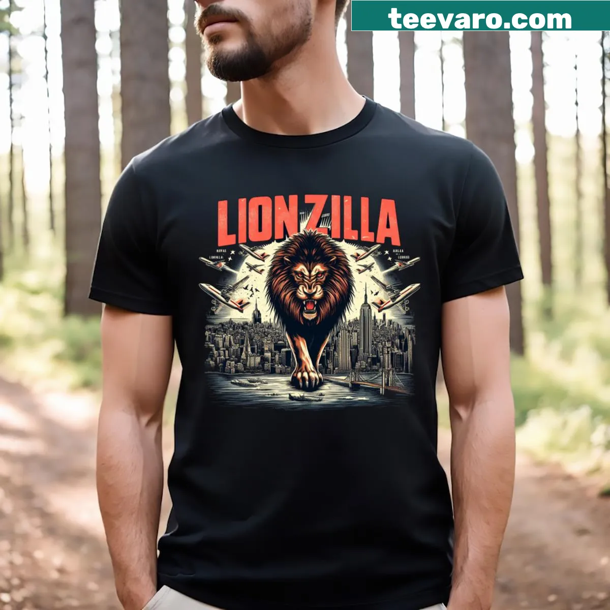 Graphic t-shirt featuring a lion's face with a fierce expression — on a men's t-shirt