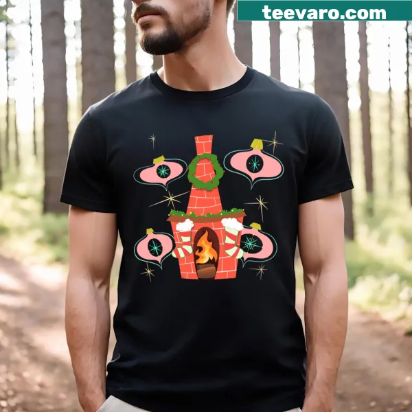 Cartoon fireplace design with pink ornaments for Christmas T-shirt