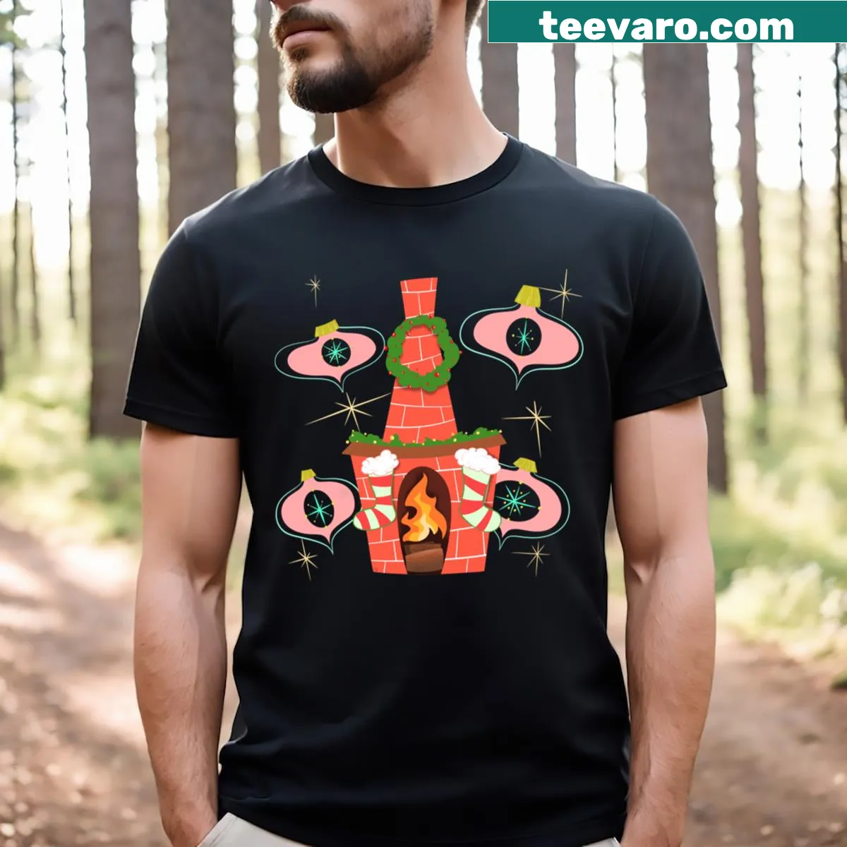 Cartoon fireplace design with pink ornaments for Christmas T-shirt — on a men's t-shirt